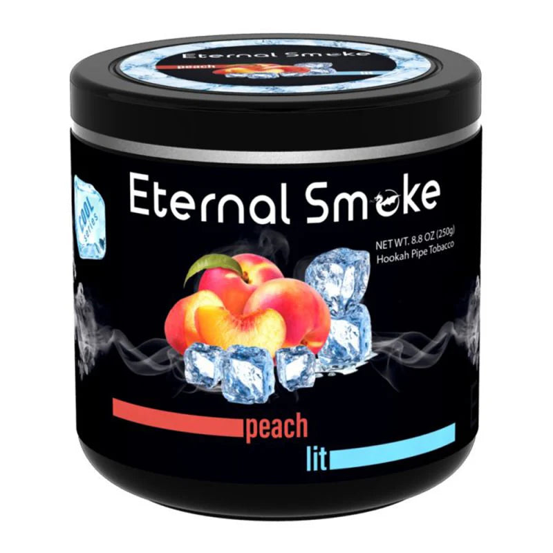 Eternal Smoke Peach Lit Hookah Pipe Tobacco 8.8 oz container with fruit and ice imagery