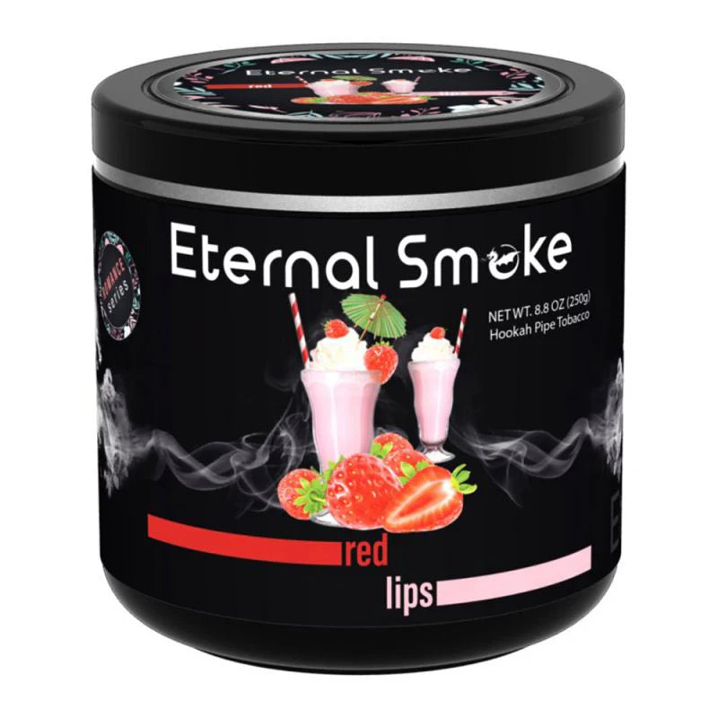 Eternal Smoke Red Lips flavored hookah pipe tobacco with strawberry milkshake imagery on black container