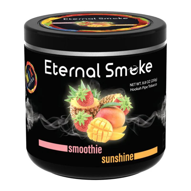 Eternal Smoke hookah pipe tobacco 8.8 oz container with smoothie sunshine flavor and fruit design