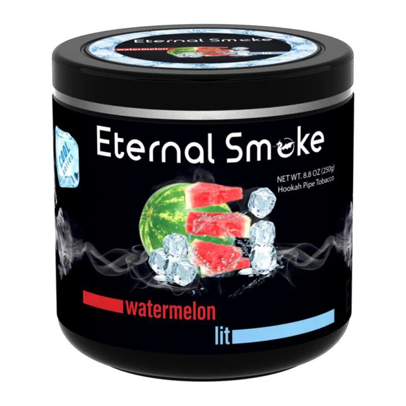 Eternal Smoke watermelon flavored hookah pipe tobacco in a black 250g container