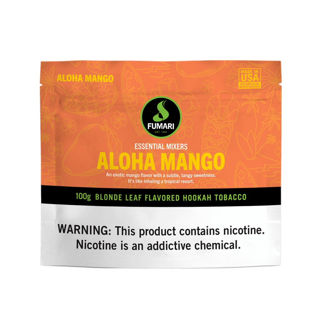 Fumari Aloha Mango blonde leaf flavored hookah tobacco 100g pouch with nicotine warning