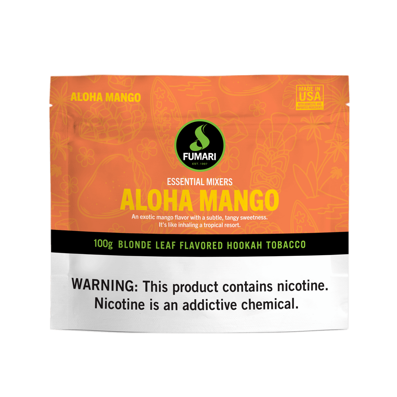 Fumari Aloha Mango blonde leaf flavored hookah tobacco 100g pouch with nicotine warning