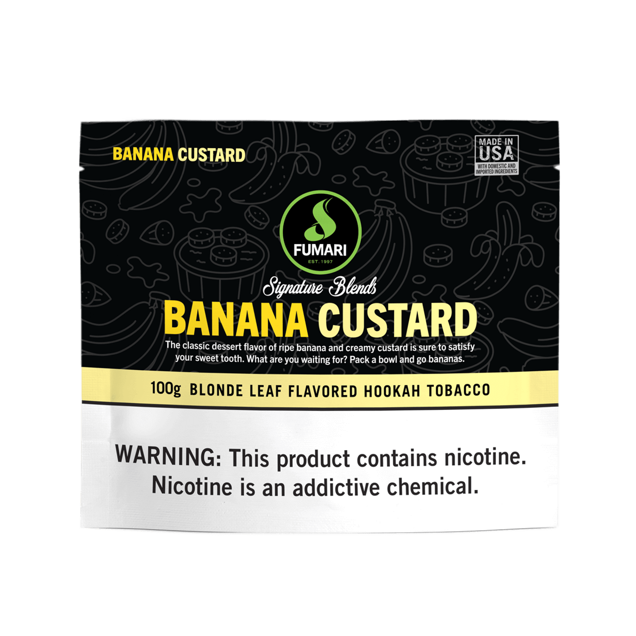 Fumari Banana Custard Blonde Leaf Flavored Hookah Tobacco 100g pouch with nicotine warning