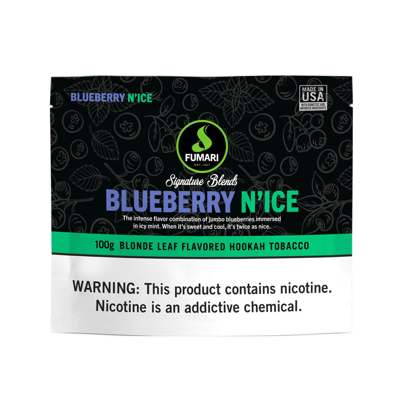 Fumari Blueberry N'Ice Blonde Leaf Flavored Hookah Tobacco 100g pouch with nicotine warning