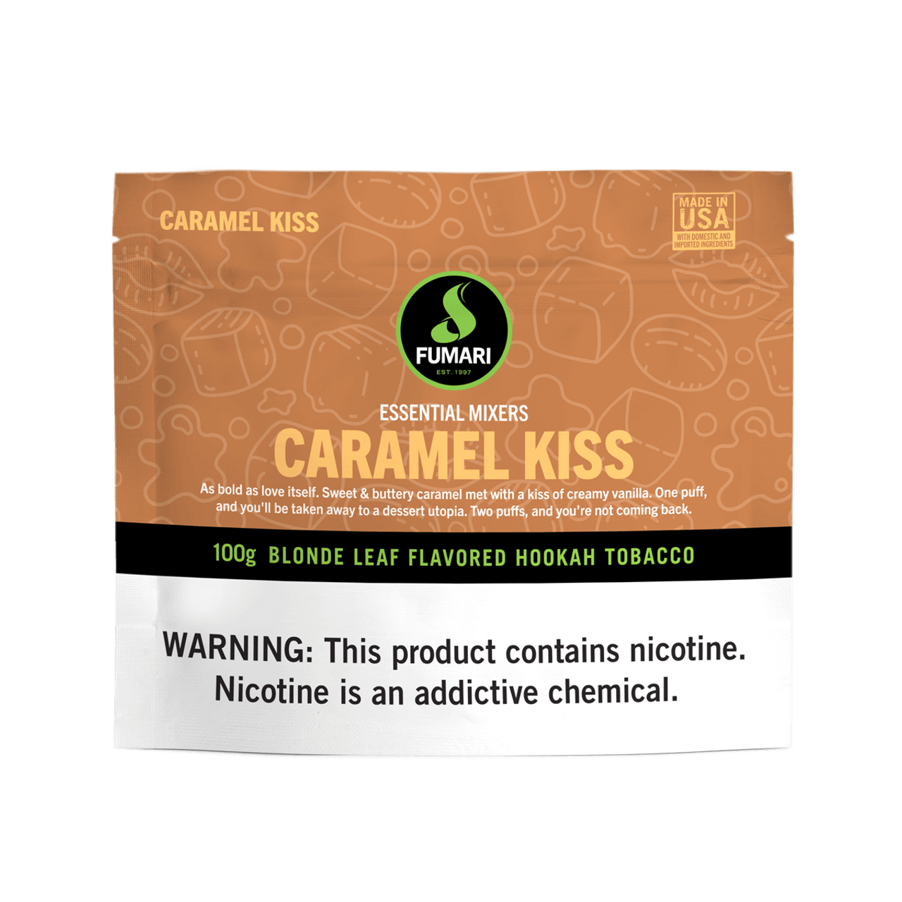 Fumari Caramel Kiss flavored blonde leaf hookah tobacco 100g pouch by LE TABAC with nicotine warning