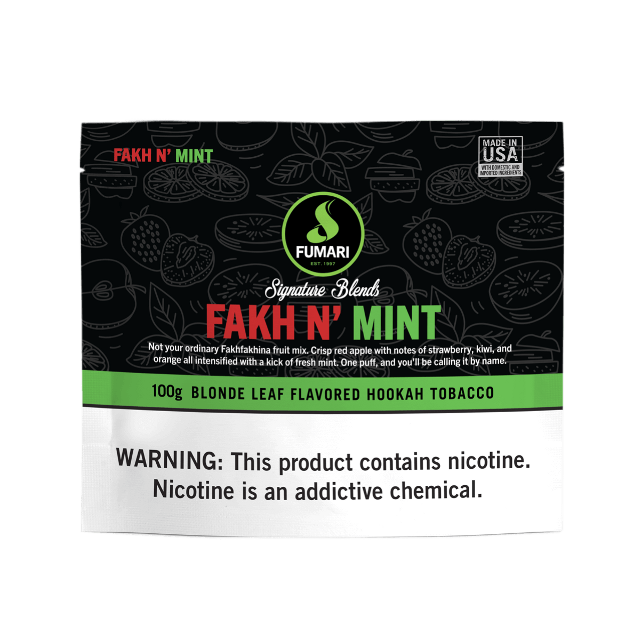 Fumari Fakh N Mint flavored hookah tobacco 100g blonde leaf with strawberry and mint notes