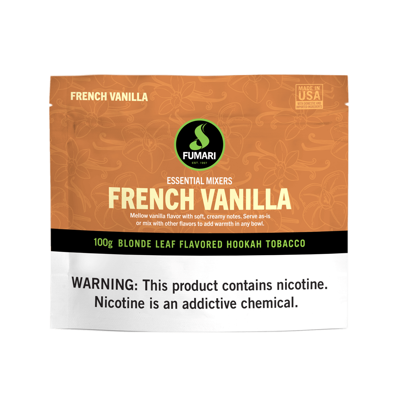 Fumari French Vanilla flavored blonde leaf hookah tobacco pouch with nicotine warning label