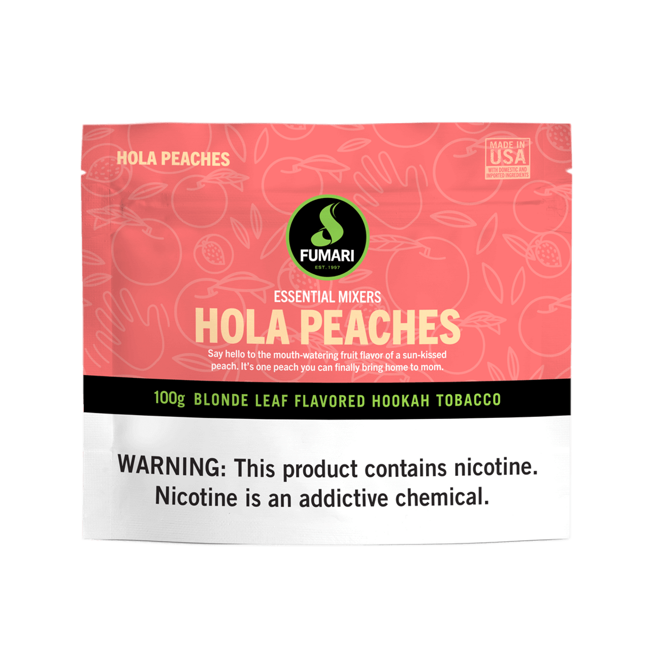 Fumari Hola Peaches flavored hookah tobacco 100g blonde leaf made in USA with nicotine warning