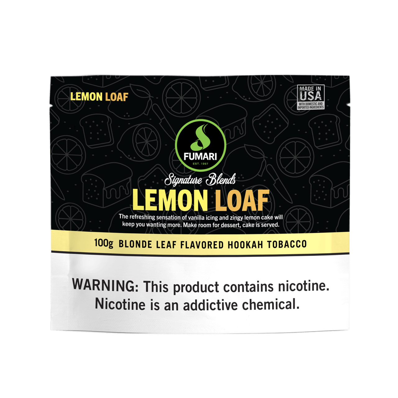Fumari Lemon Loaf blonde leaf flavored hookah tobacco 100g package with nicotine warning