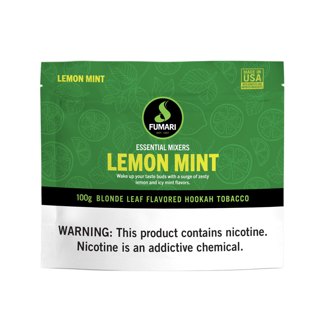 Fumari Lemon Mint flavored blonde leaf hookah tobacco 100g pouch with nicotine warning