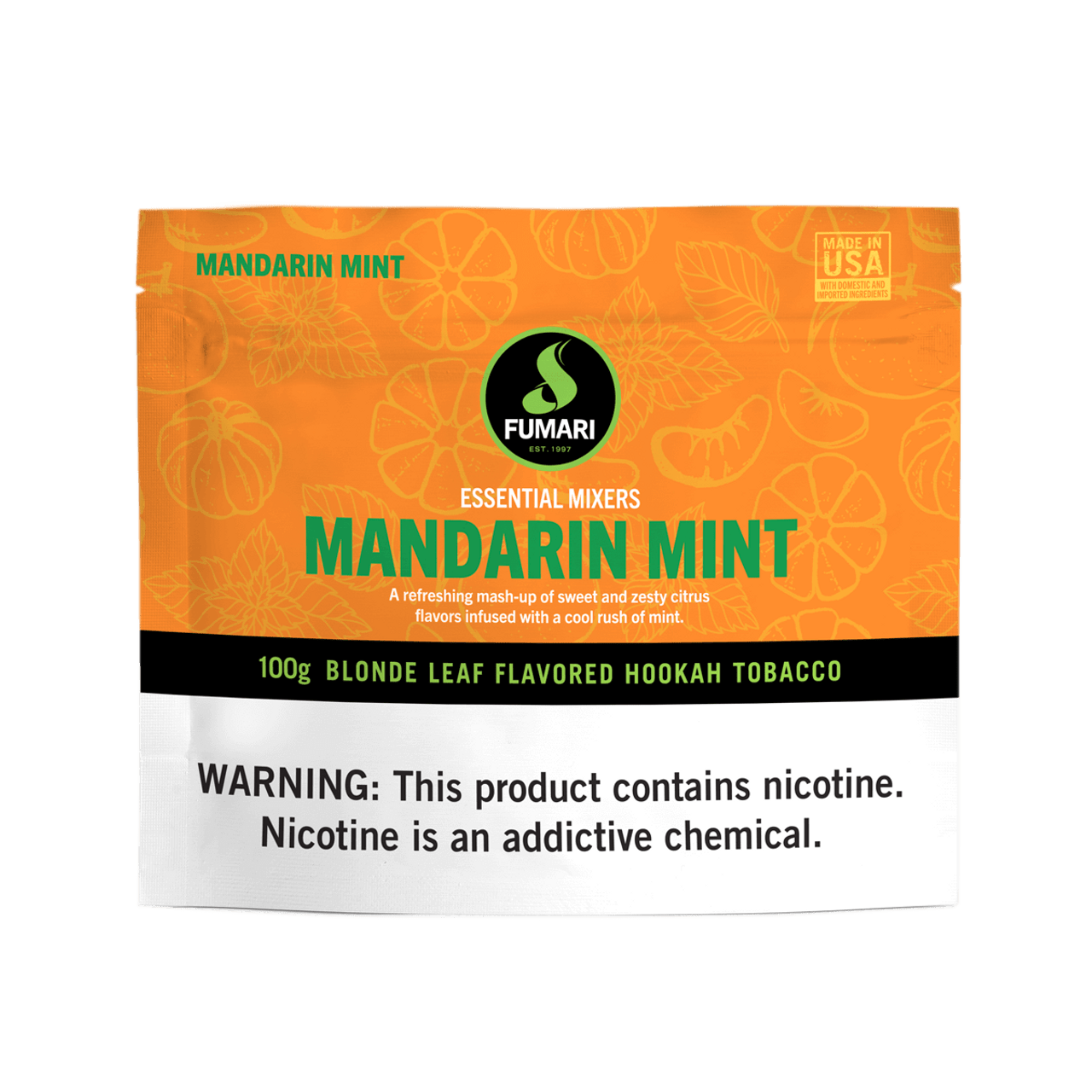 Fumari Mandarin Mint flavored 100g blonde leaf hookah tobacco pouch with nicotine warning