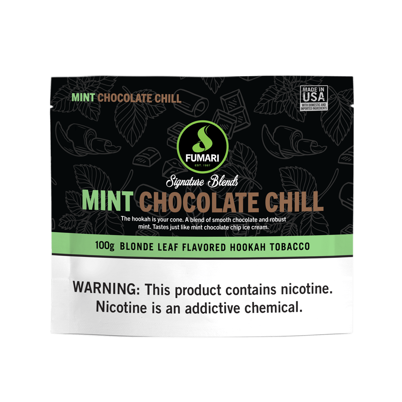 Fumari Mint Chocolate Chill flavored hookah tobacco 100g blonde leaf blend with nicotine warning