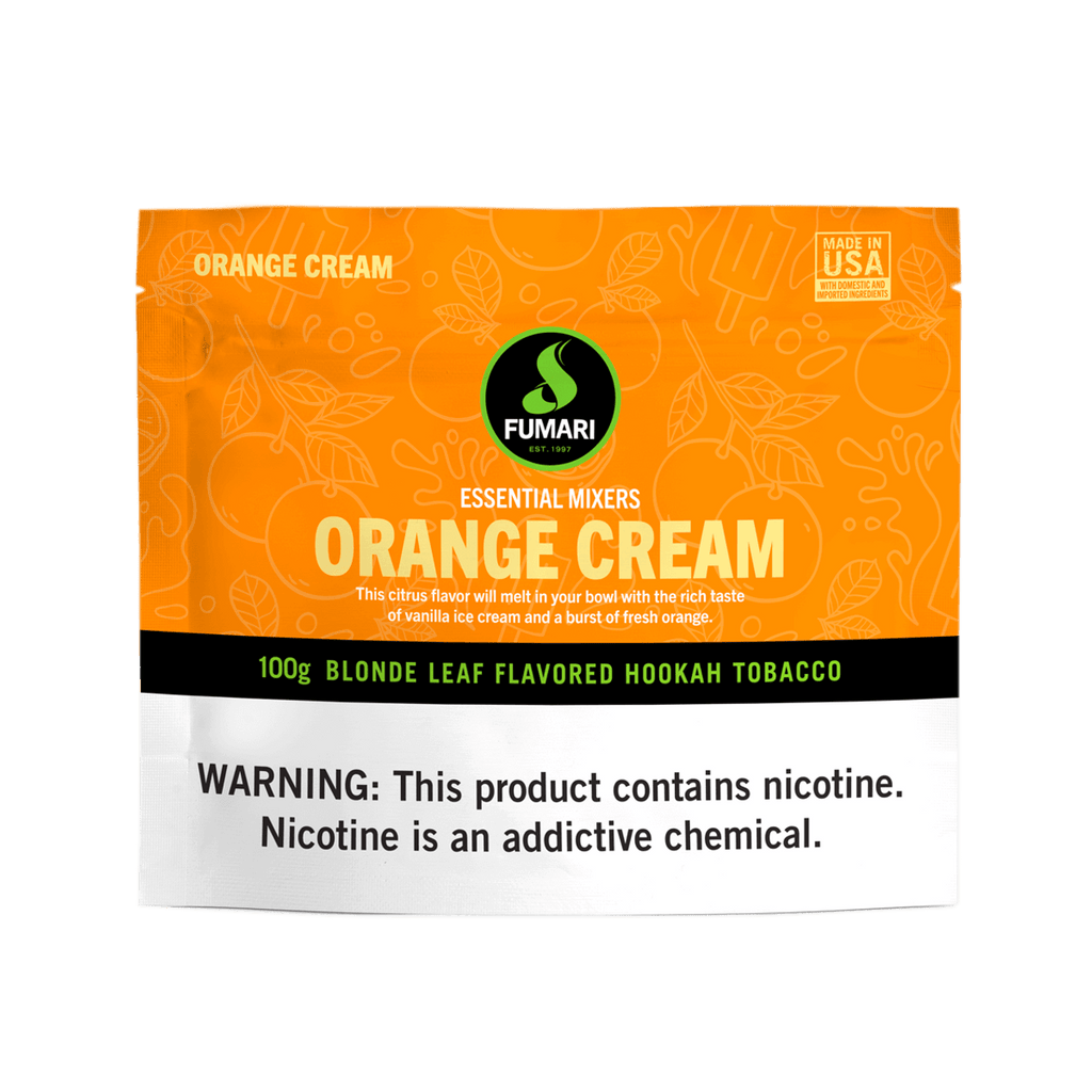Fumari Orange Cream flavored blonde leaf hookah tobacco pouch with nicotine warning