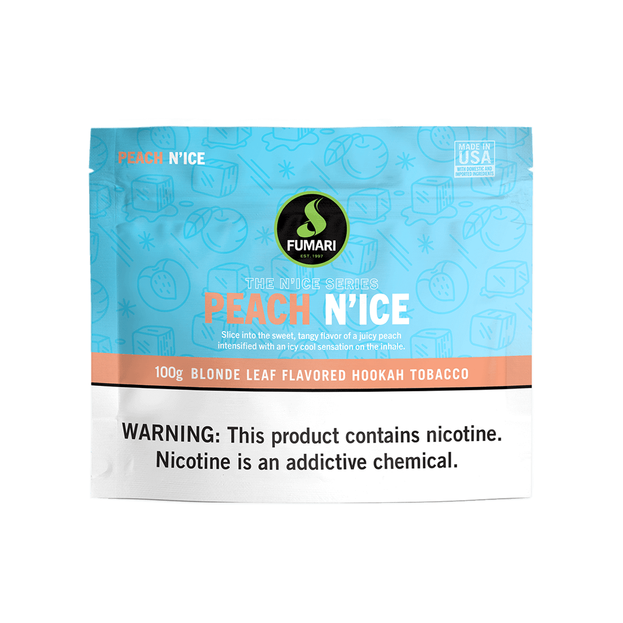 Fumari Peach N'Ice flavored blonde leaf hookah tobacco pouch 100g with nicotine warning