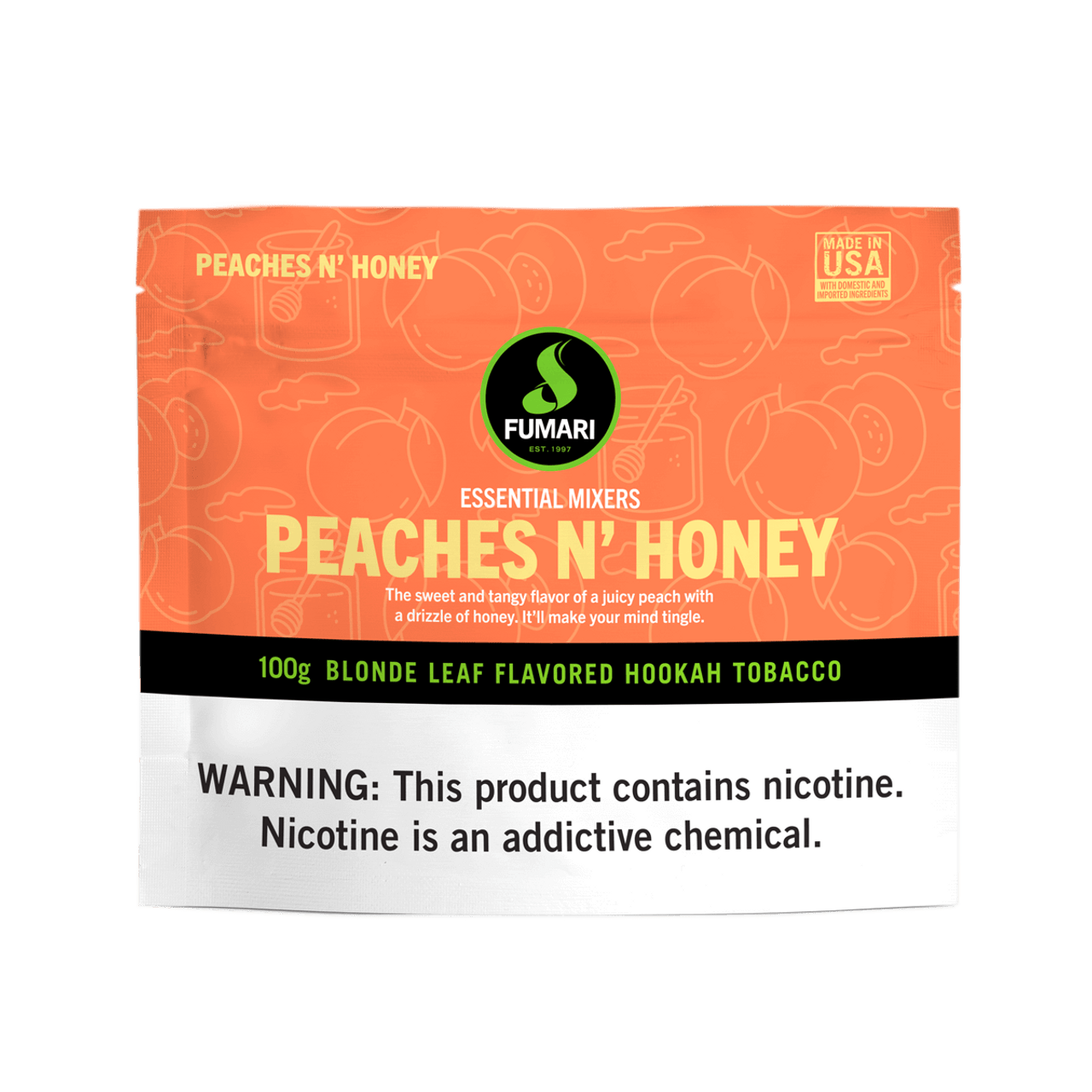 Fumari Peaches N Honey 100g blonde leaf flavored hookah tobacco pouch with nicotine warning