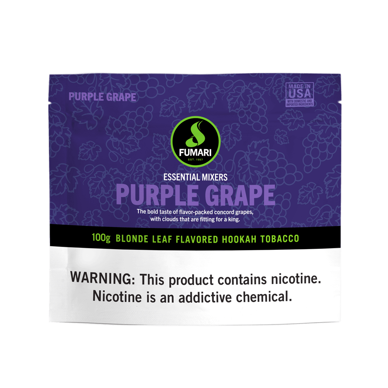 Fumari Purple Grape flavored blonde leaf hookah tobacco 100g pouch with nicotine warning