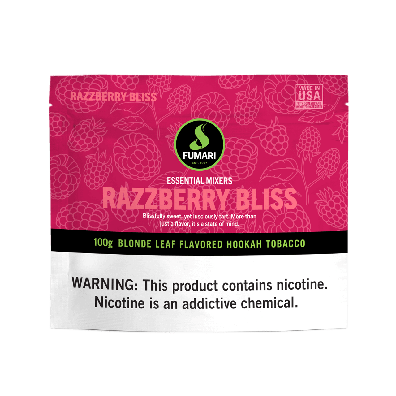 Fumari Razzberry Bliss 100g blonde leaf flavored hookah tobacco pouch with nicotine warning