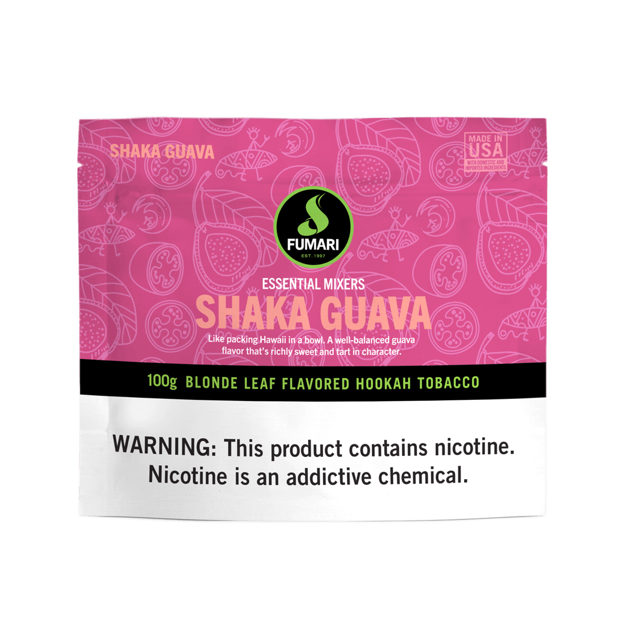 Fumari Shaka Guava Blonde Leaf Flavored Hookah Tobacco 100g pouch with nicotine warning
