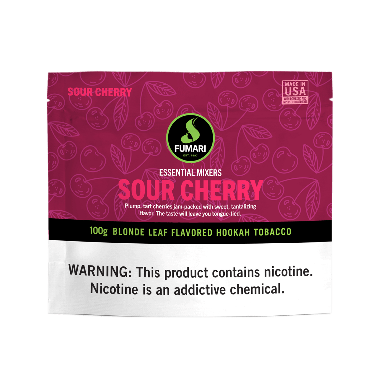 Fumari Essential Mixers Sour Cherry flavored blonde leaf hookah tobacco 100g pouch
