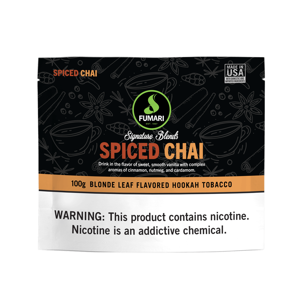 Fumari Spiced Chai blonde leaf flavored hookah tobacco 100g package with cinnamon and nutmeg aroma