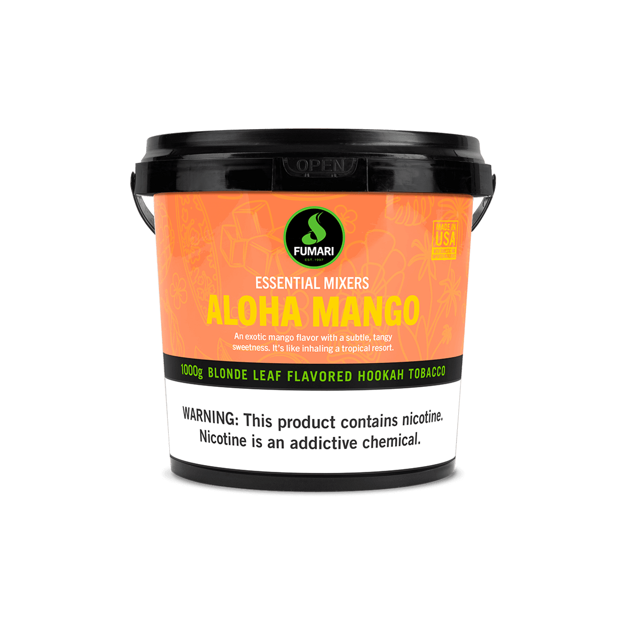 Fumari Essential Mixers Aloha Mango blonde leaf flavored hookah tobacco 1000g container