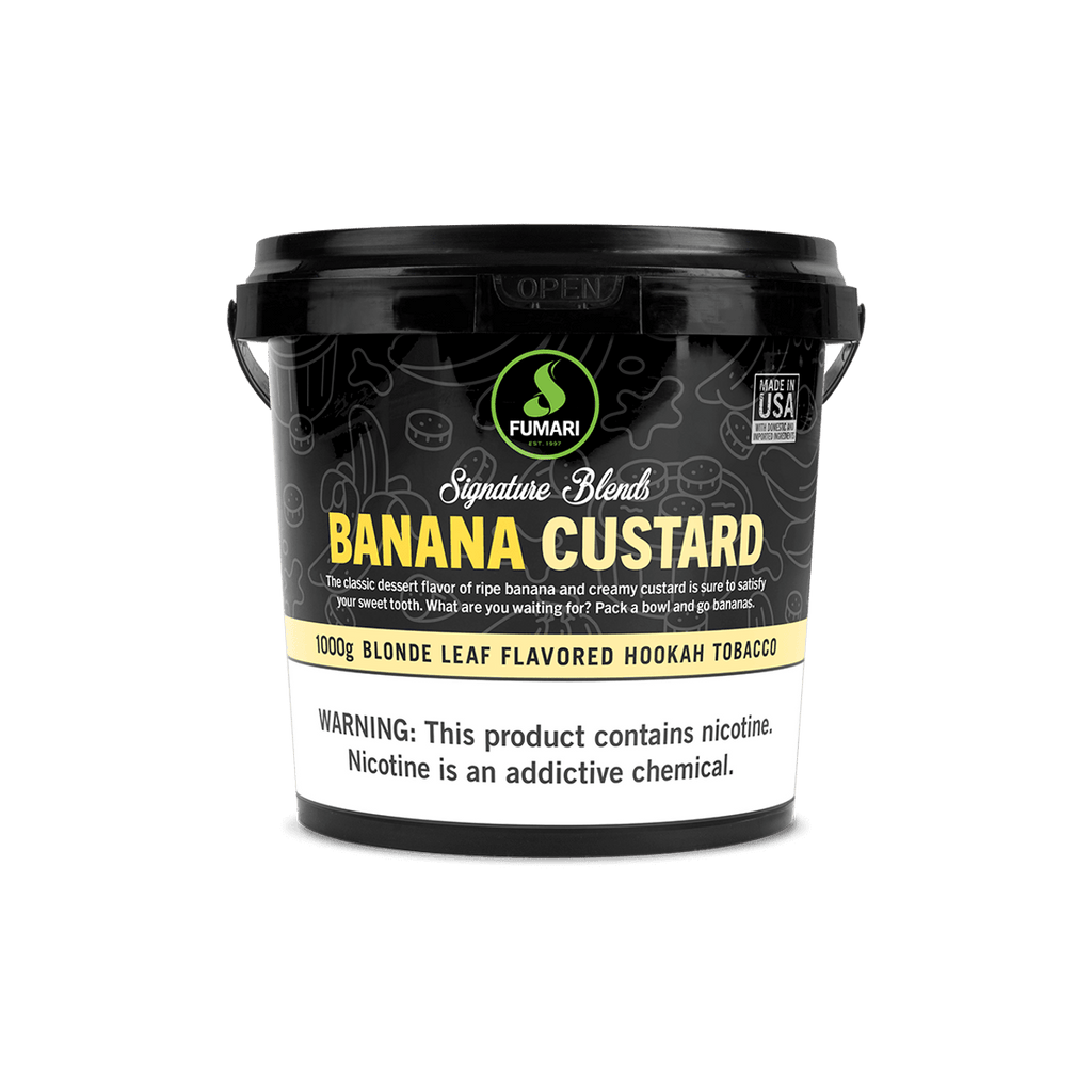 Fumari Banana Custard Blonde Leaf Flavored Hookah Tobacco 1000g with nicotine warning label