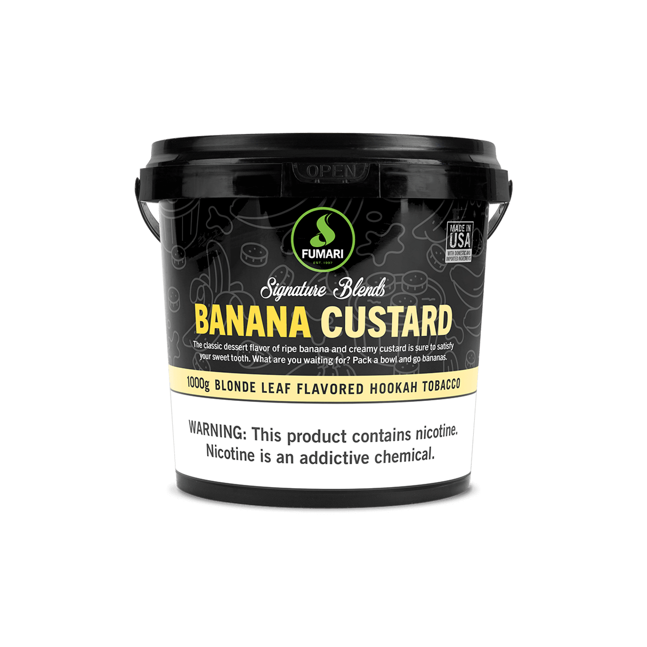 Fumari Banana Custard Blonde Leaf Flavored Hookah Tobacco 1000g with nicotine warning label