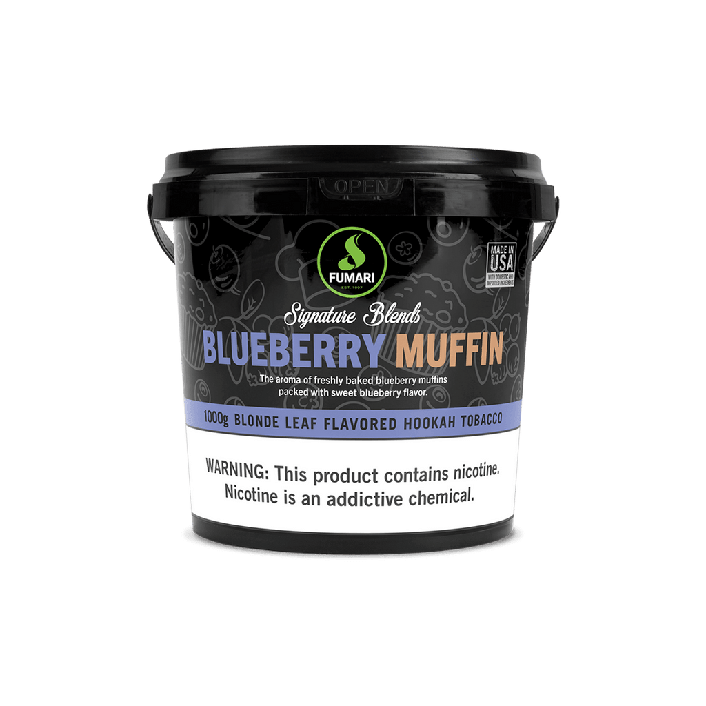 Fumari Blueberry Muffin flavored hookah tobacco 1000g container with nicotine warning label
