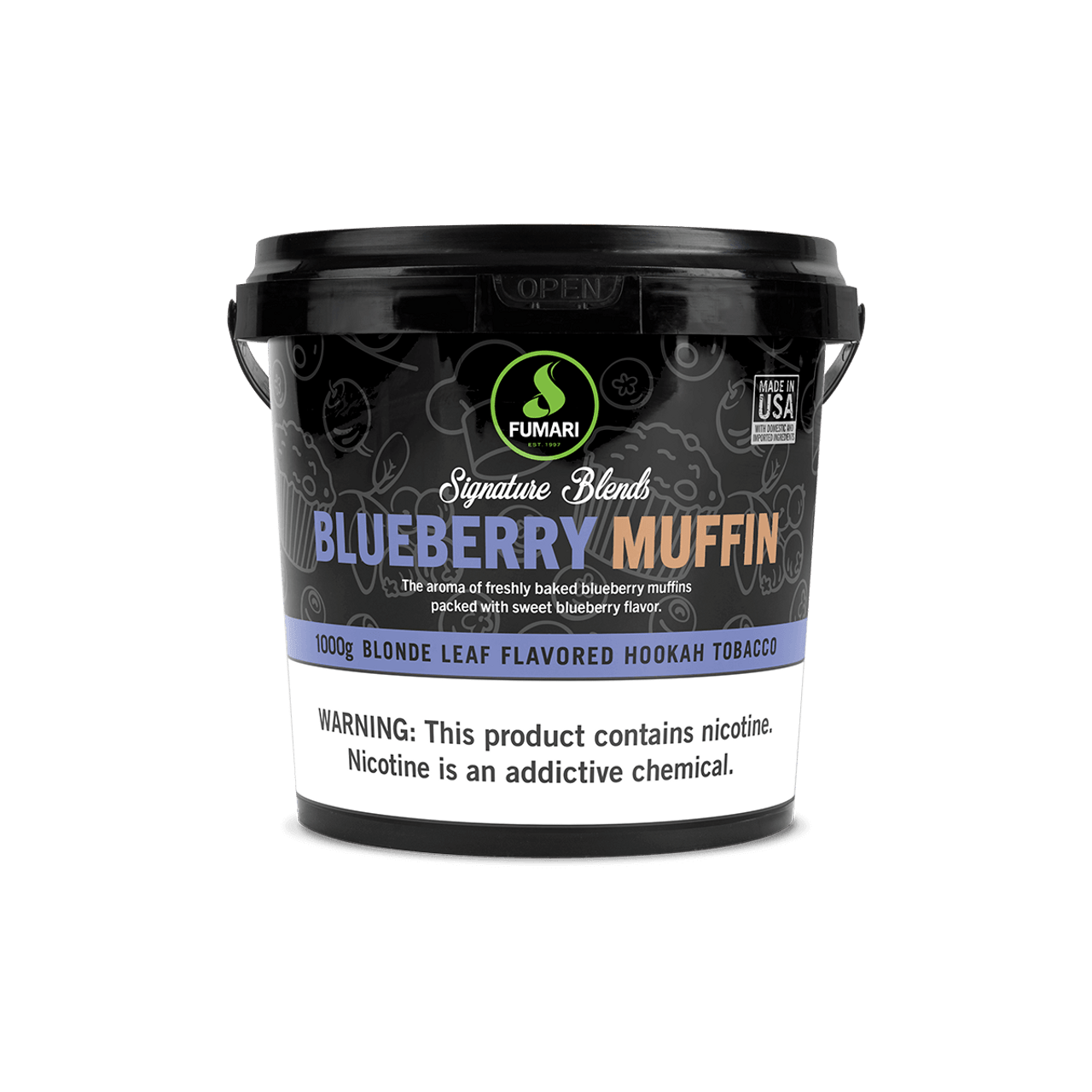 Fumari Blueberry Muffin flavored hookah tobacco 1000g container with nicotine warning label