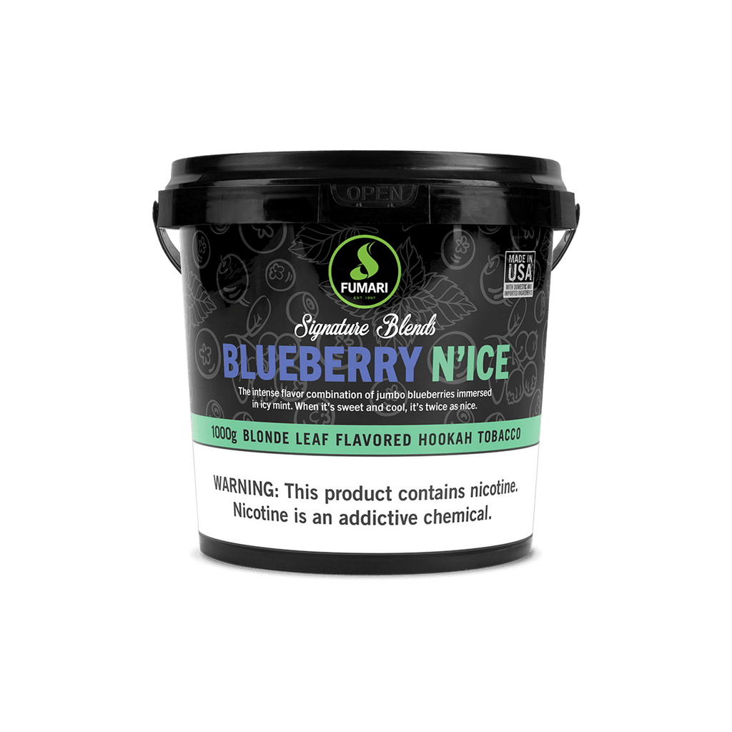 Fumari Blueberry N'Ice flavored blonde leaf hookah tobacco in 1000g black container