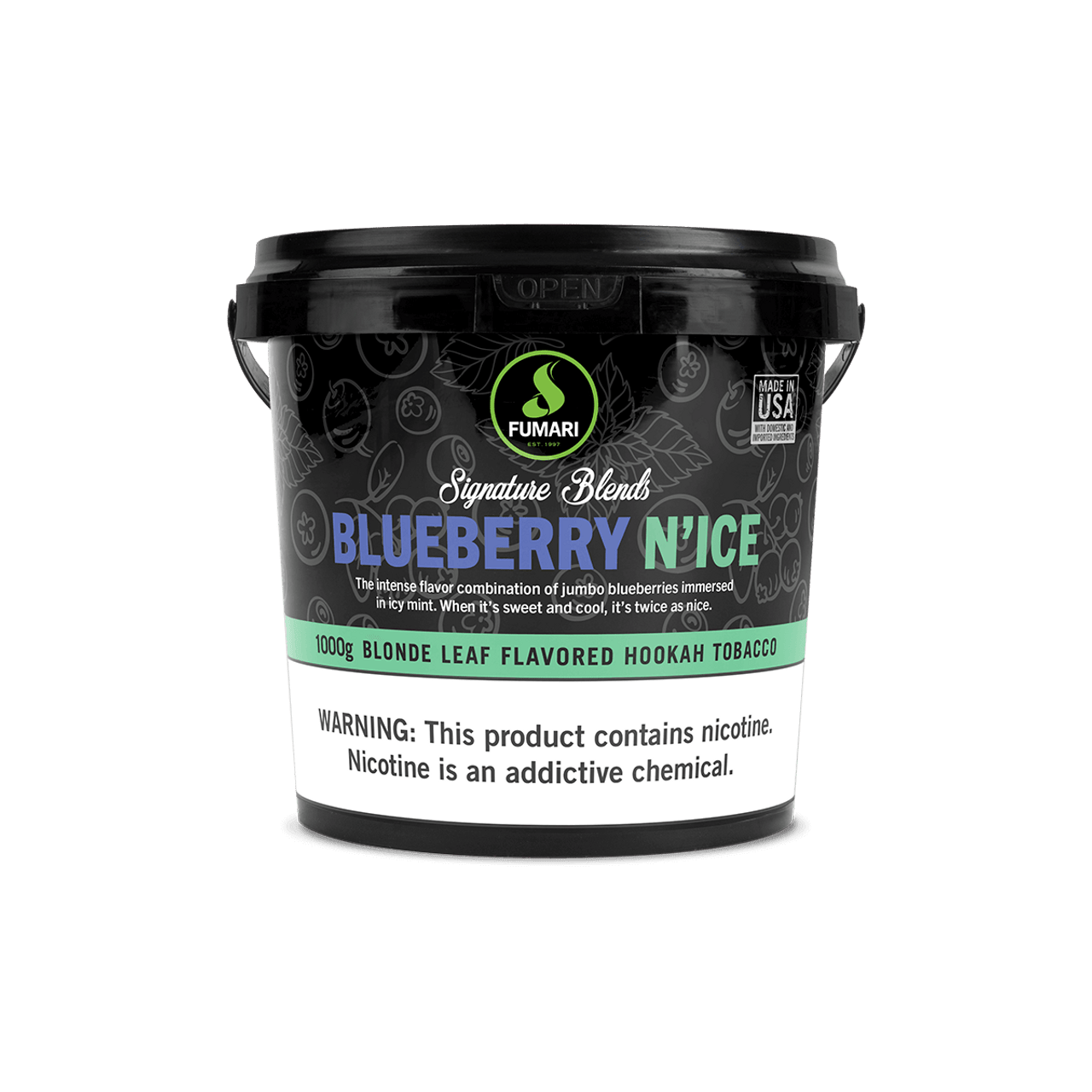 Fumari Blueberry N'Ice flavored blonde leaf hookah tobacco in 1000g black container