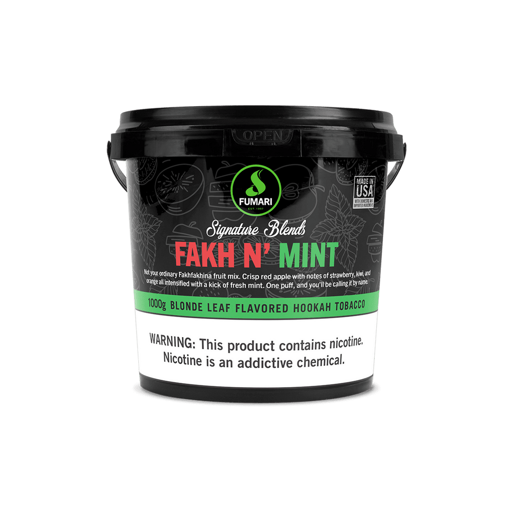 Fumari Fakh N Mint blonde leaf flavored hookah tobacco in 1000g black container by Le Tabac
