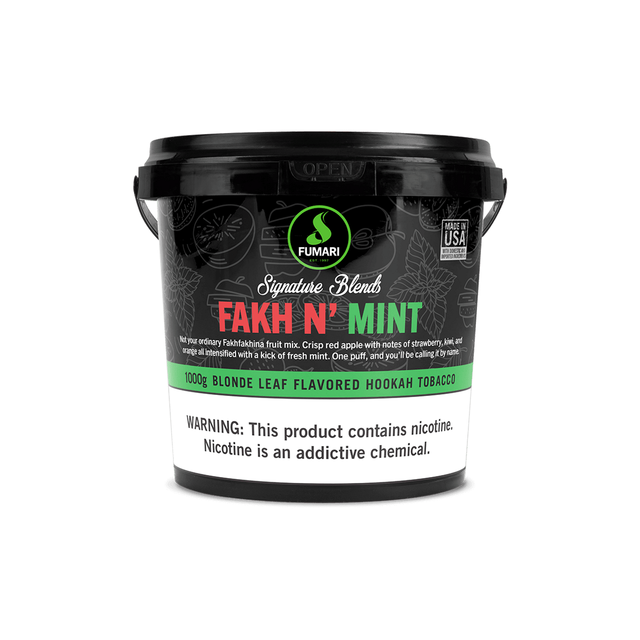 Fumari Fakh N Mint blonde leaf flavored hookah tobacco in 1000g black container by Le Tabac