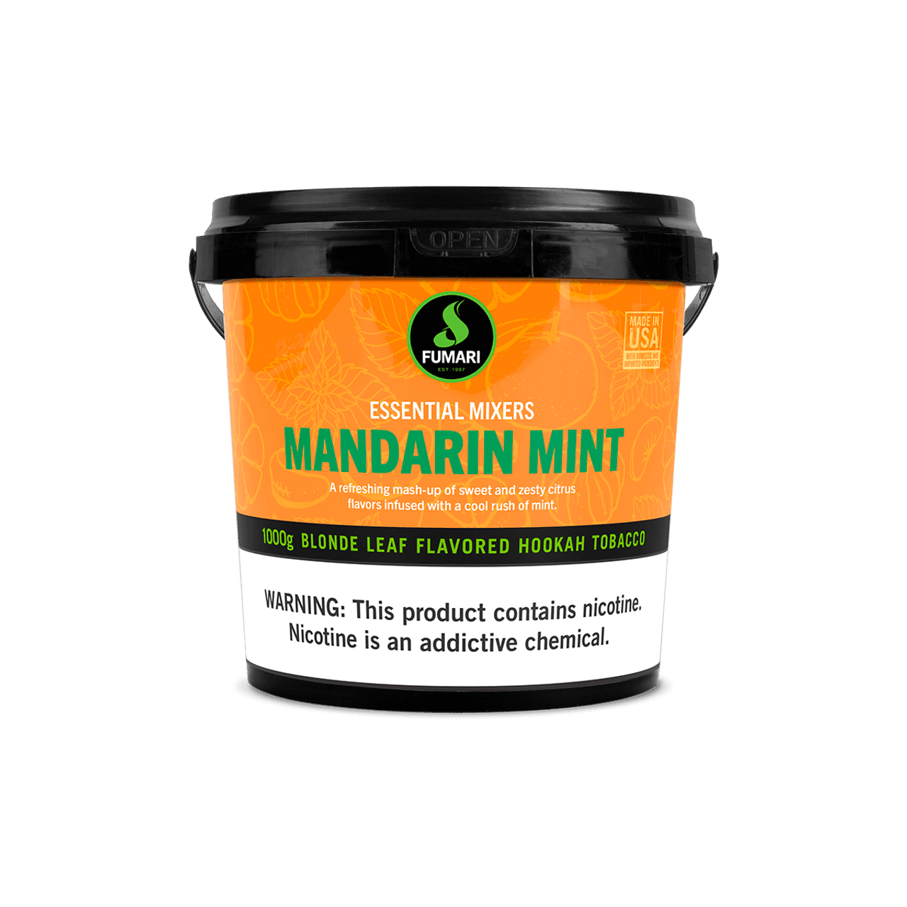 Fumari Mandarin Mint flavored blonde leaf hookah tobacco 1000g container with nicotine warning
