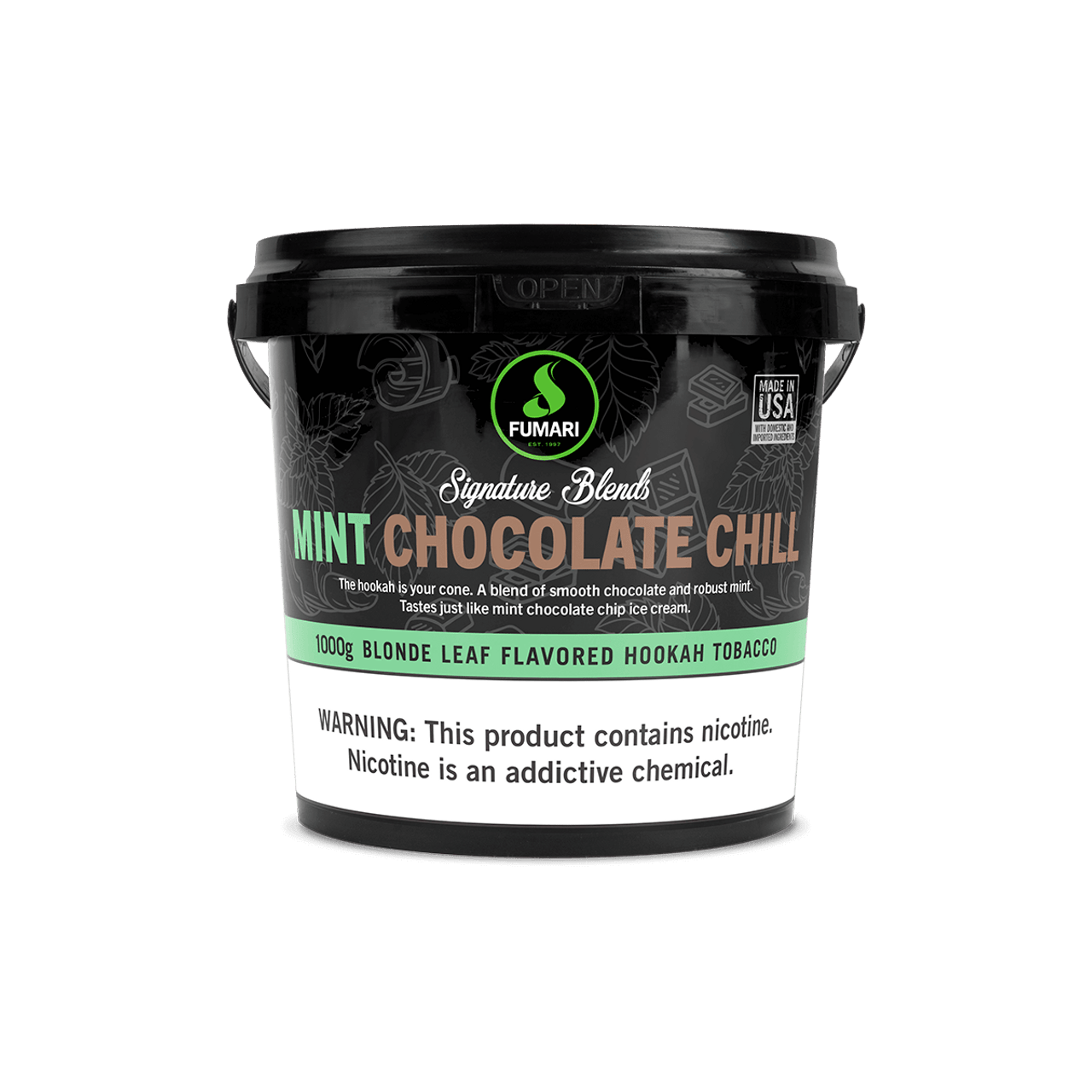 Fumari Mint Chocolate Chill Blonde Leaf Flavored Hookah Tobacco 1000g in black container