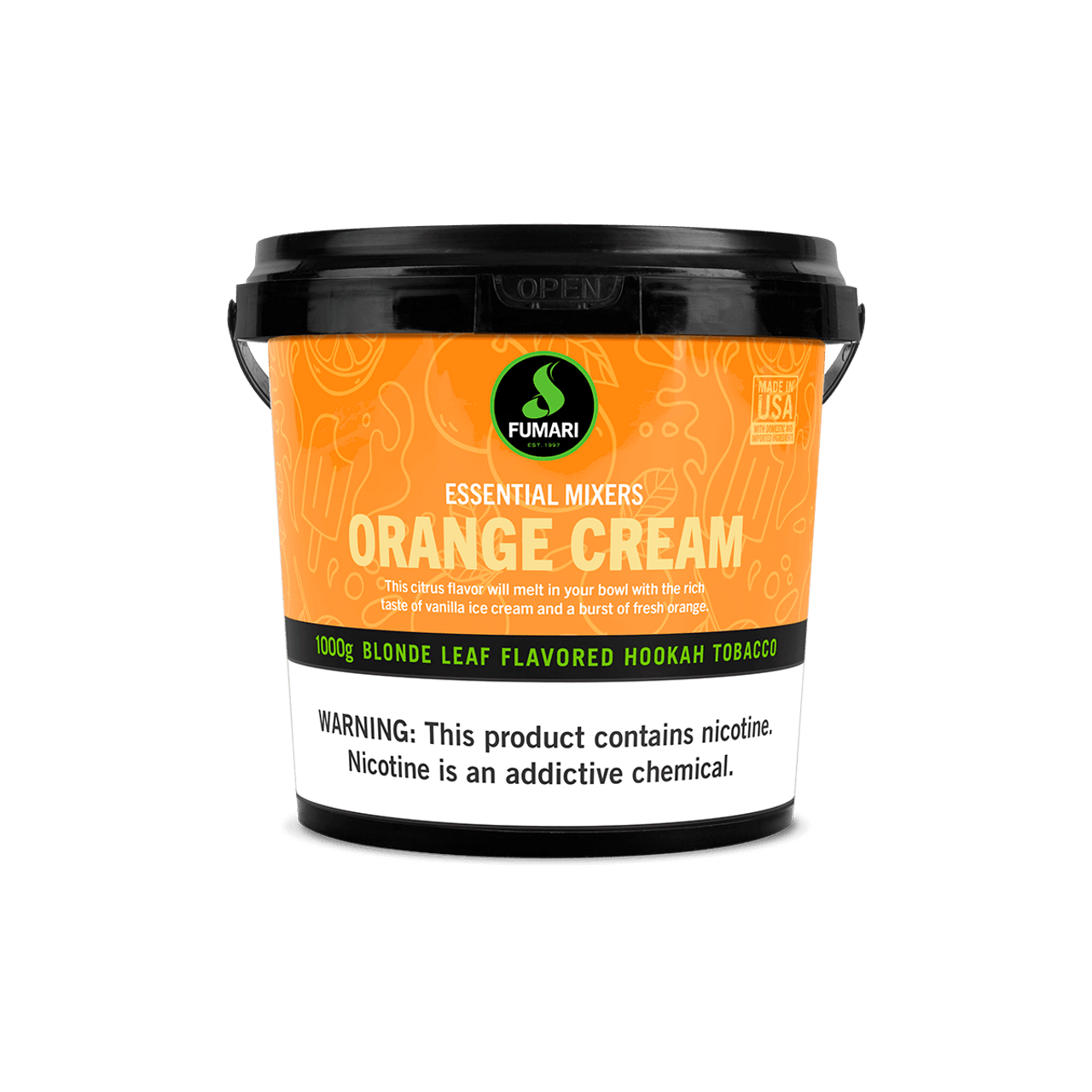 Fumari Orange Cream Blonde Leaf Flavored Hookah Tobacco 1000g container with nicotine warning