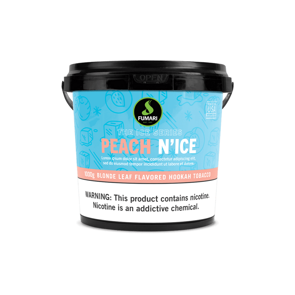 Fumari Peach N Ice flavored blonde leaf hookah tobacco container with nicotine warning