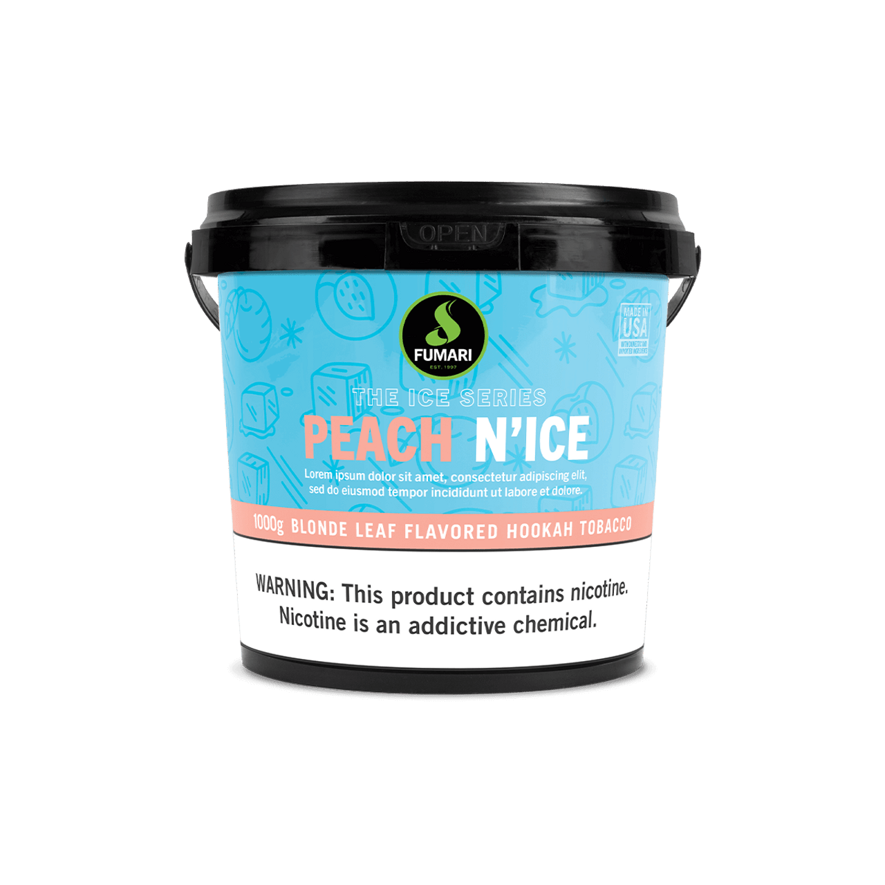 Fumari Peach N Ice flavored blonde leaf hookah tobacco container with nicotine warning