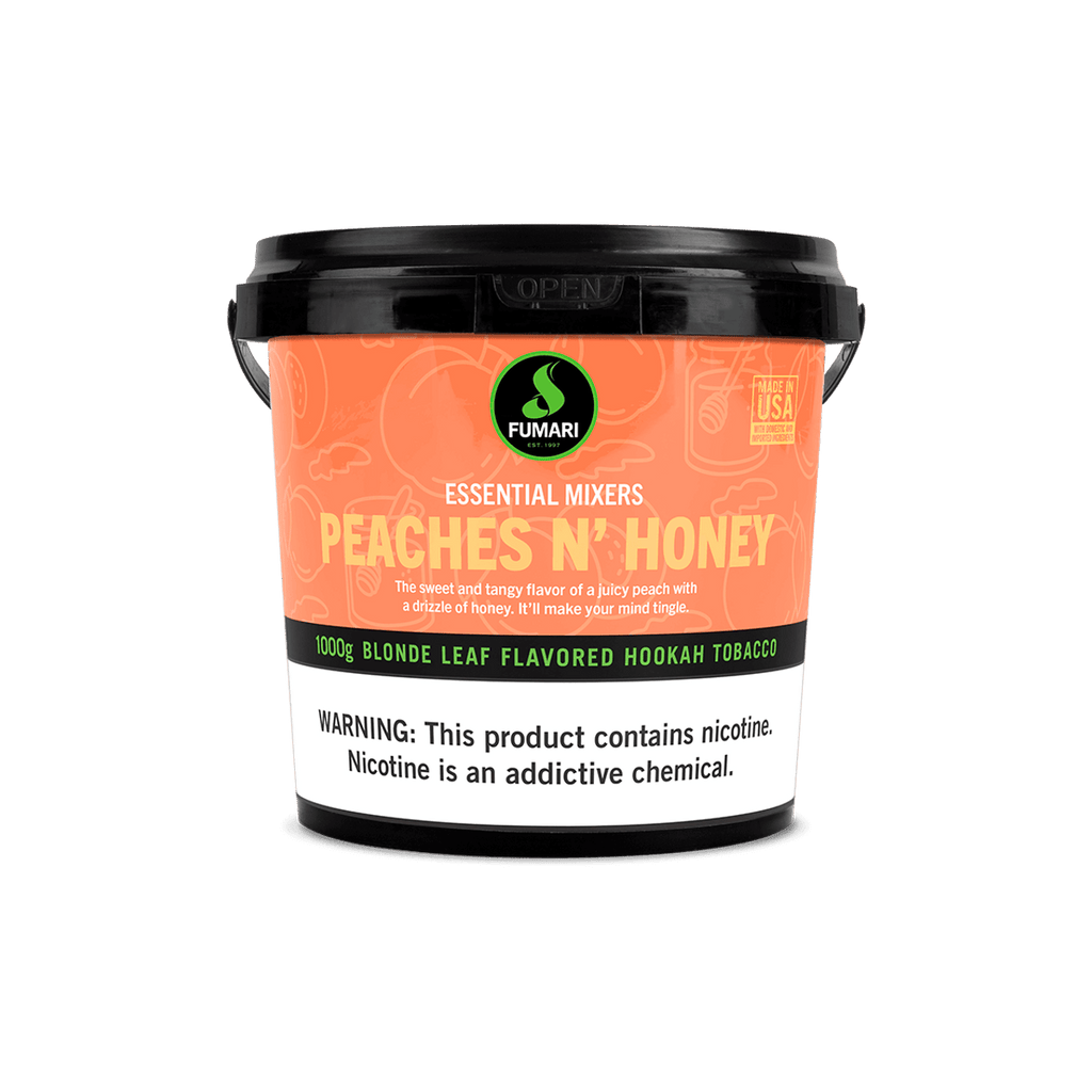 Fumari Peaches N Honey Blonde Leaf Flavored Hookah Tobacco 1000g container with nicotine warning