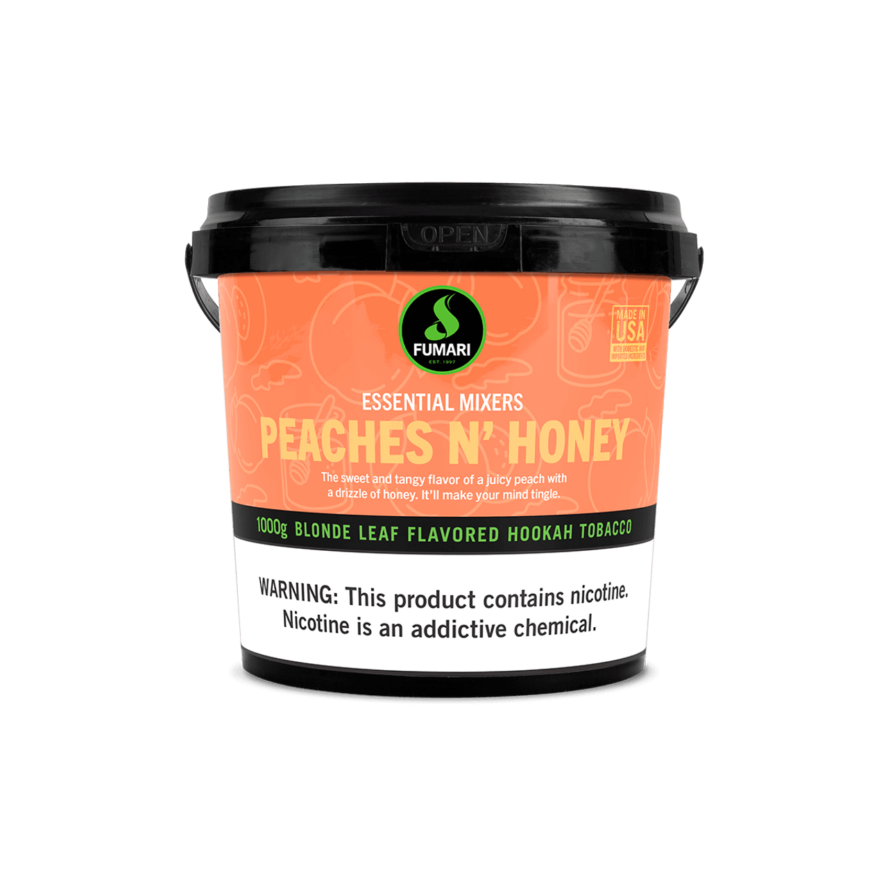 Fumari Peaches N Honey Blonde Leaf Flavored Hookah Tobacco 1000g container with nicotine warning
