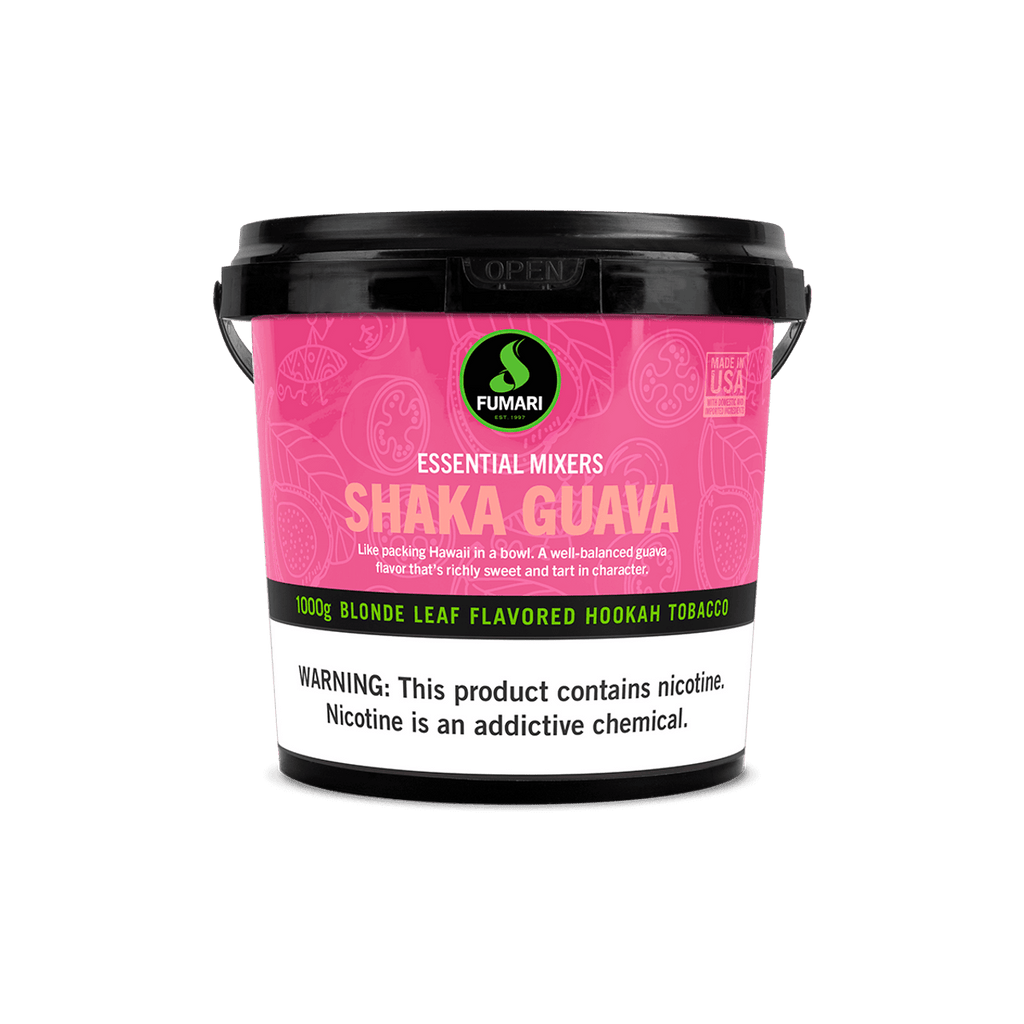 Fumari Shaka Guava Blonde Leaf Flavored Hookah Tobacco 1000g container with nicotine warning