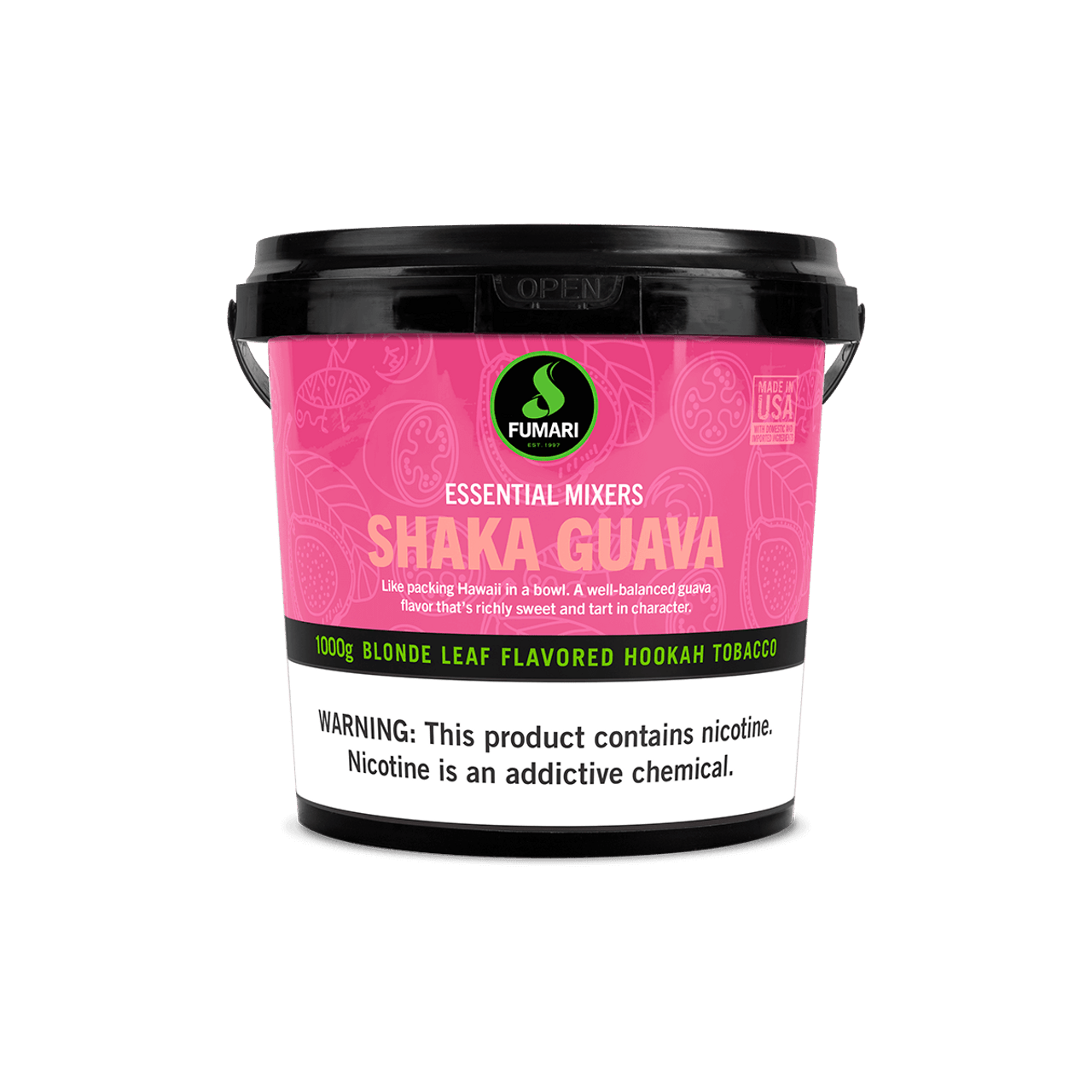 Fumari Shaka Guava Blonde Leaf Flavored Hookah Tobacco 1000g container with nicotine warning