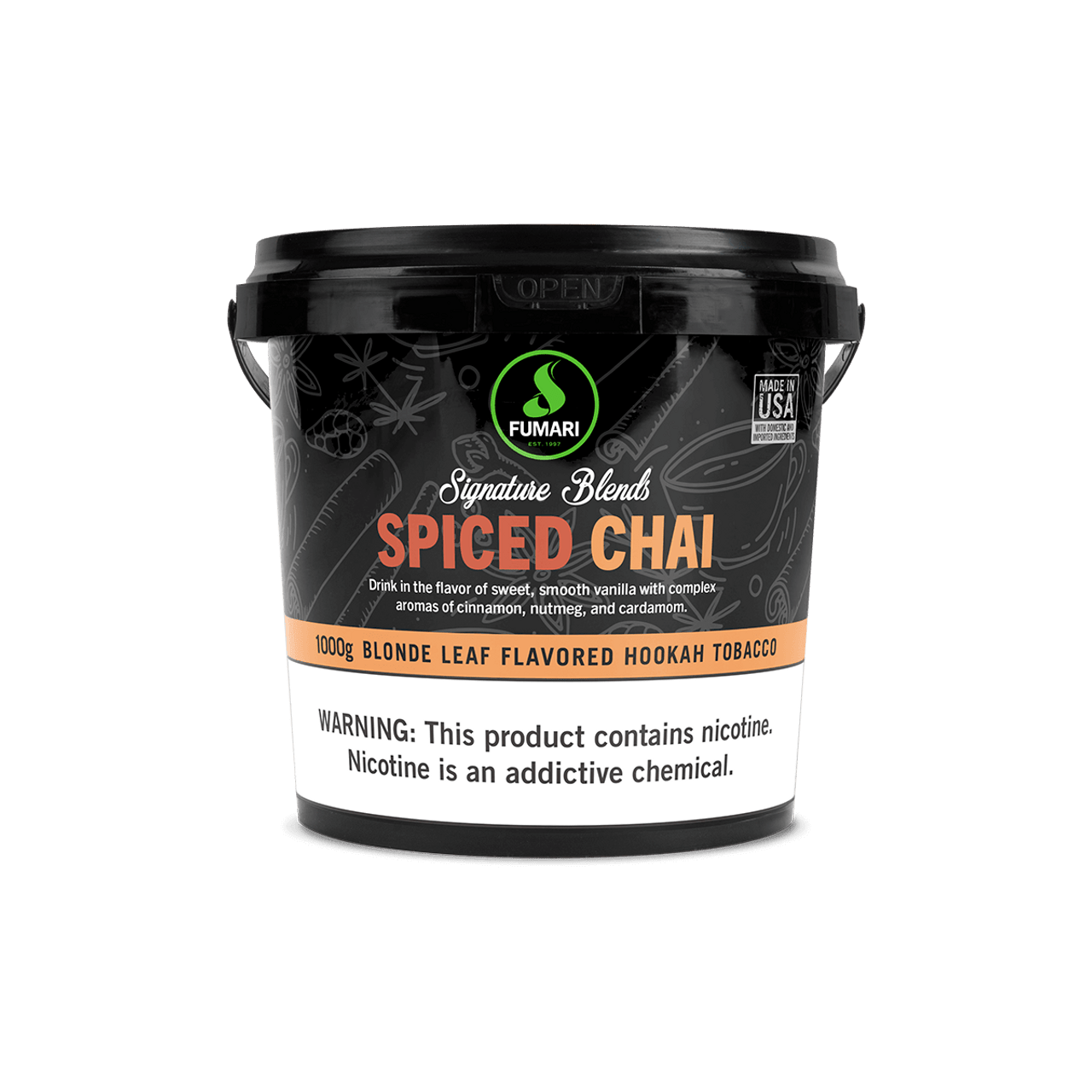 Fumari Spiced Chai Blonde Leaf Flavored Hookah Tobacco 1000g container with cinnamon nutmeg scent