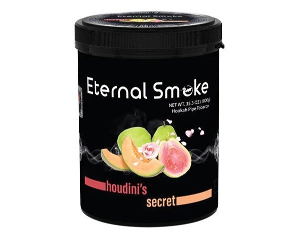Eternal Smoke Houdini's Secret hookah pipe tobacco with melon and guava flavor in black container