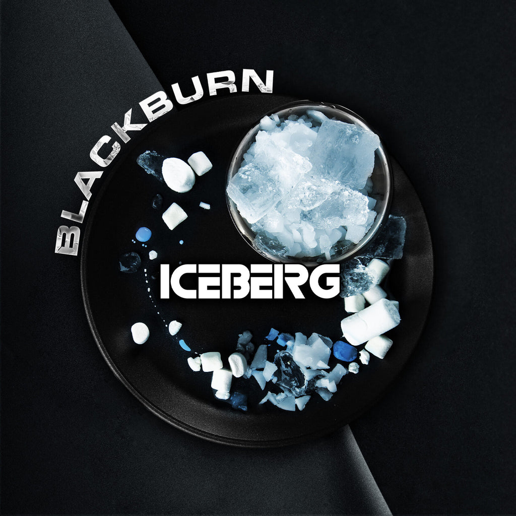 Blackburn Iceberg product image with ice cubes and scattered white and blue elements on a black plate