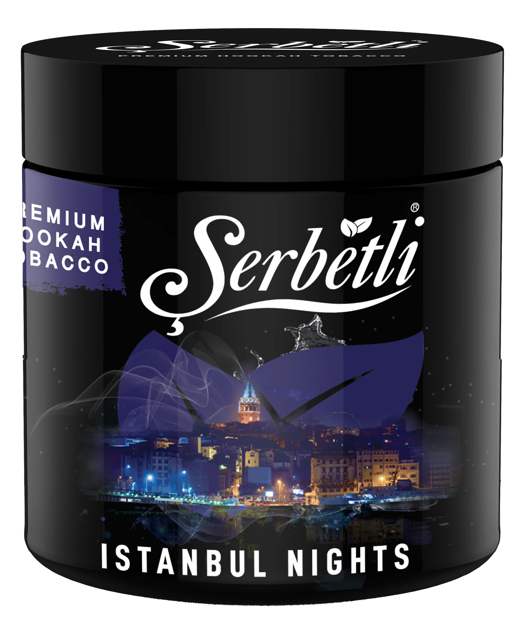 Serbetli Istanbul Nights premium hookah tobacco container with night cityscape design