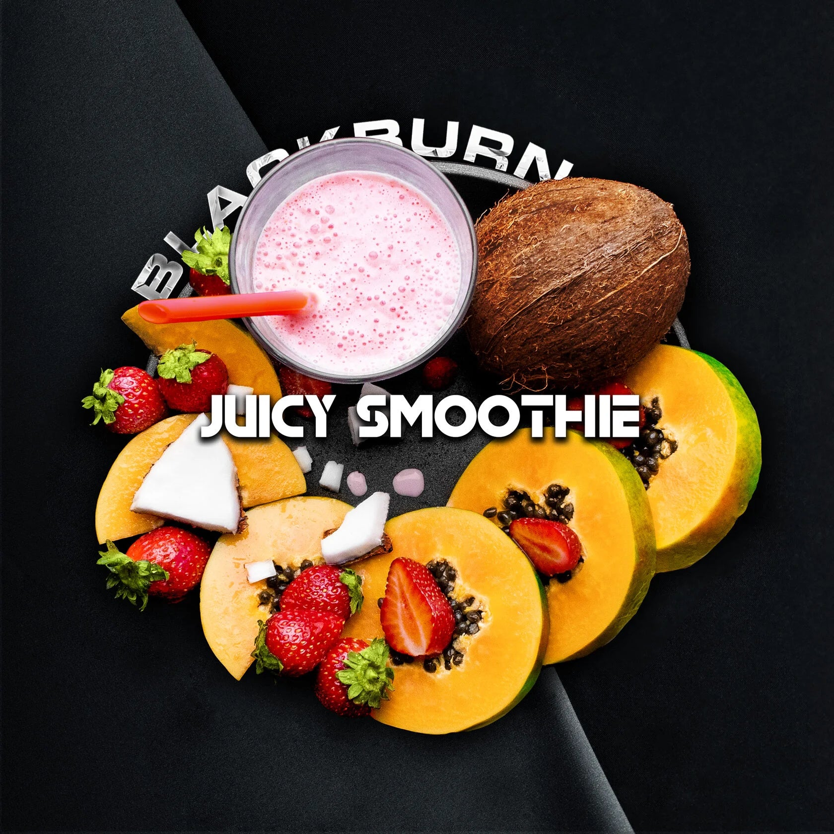 LE TABAC juicy smoothie surrounded by sliced papaya, strawberries, coconut, and a whole coconut on black background