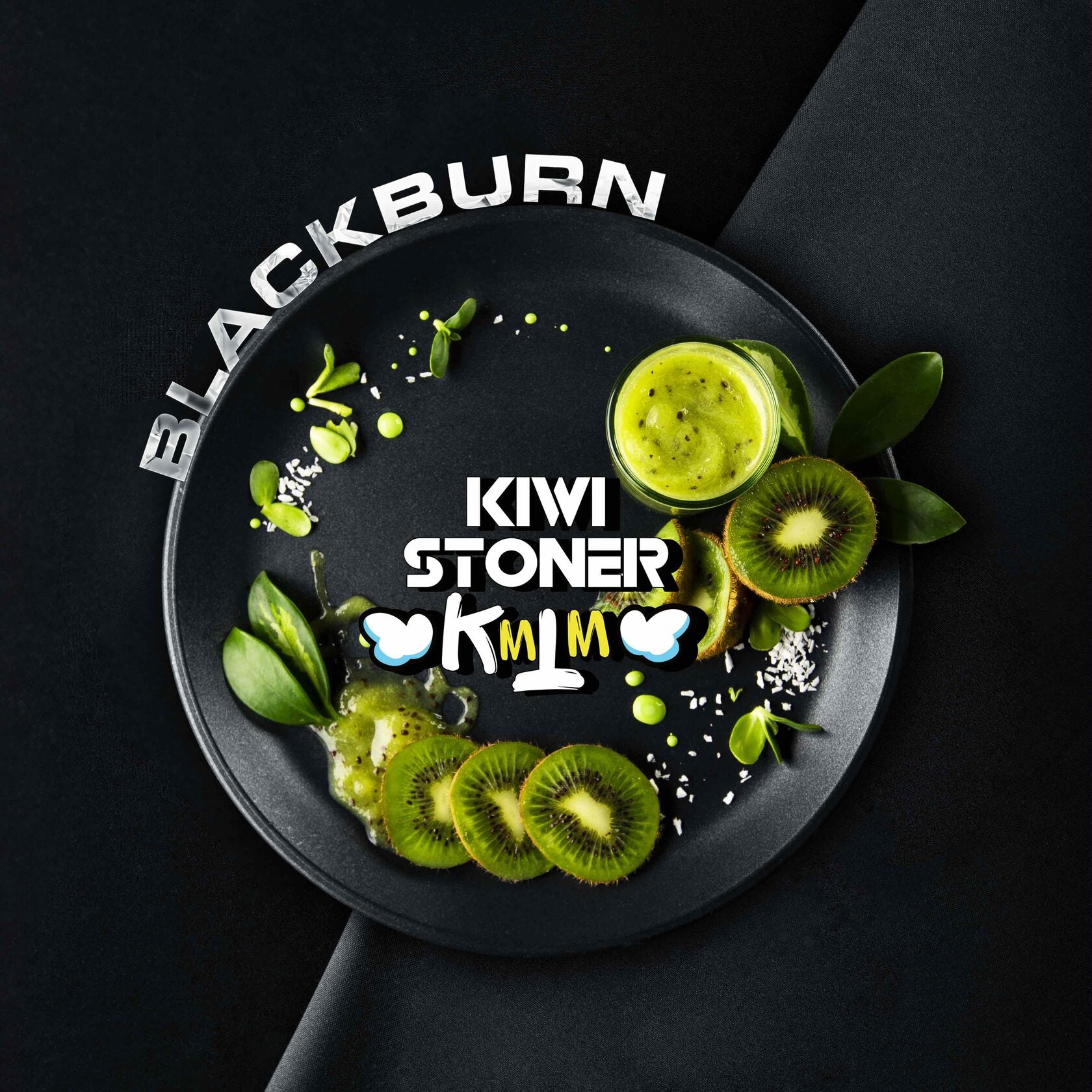 Blackburn kiwi stoner branded plate with fresh kiwi slices and green smoothie on black background