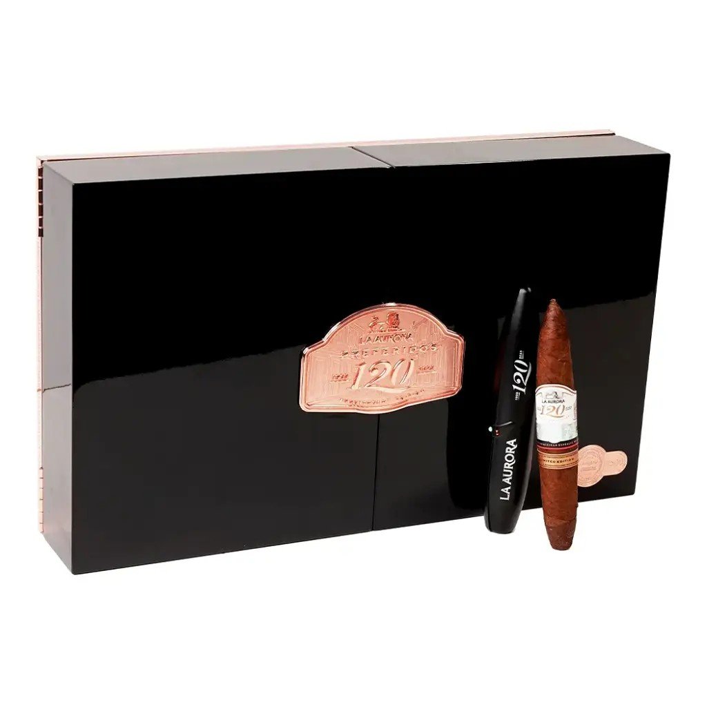 LE TABAC La Aurora 120th Anniversary cigar with black cigar holder and sleek black presentation box