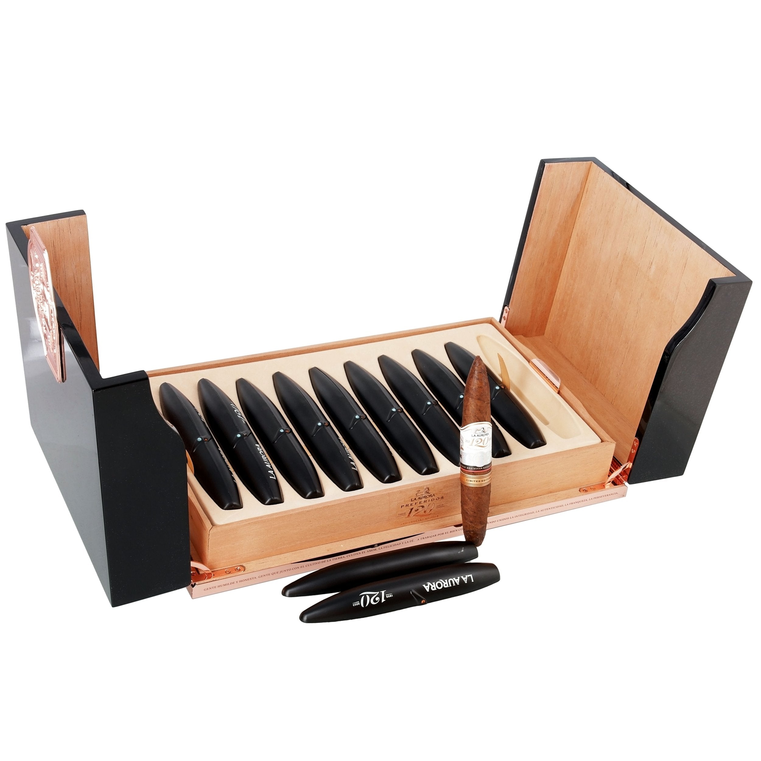LE TABAC wooden cigar humidor box with black cigar tubes and a single cigar displayed